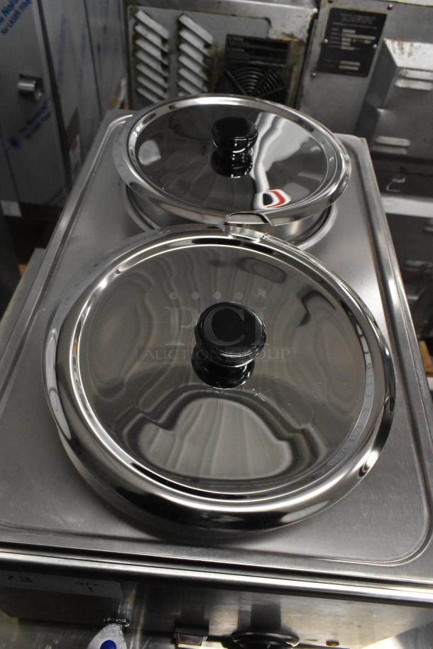 Brand new KoolMore CFW-4T countertop food warmer, 110V, 1 phase; stainless steel, dual pot lids, slight scratches visible.