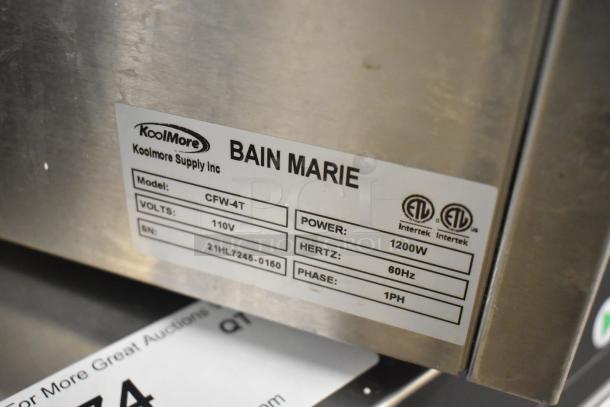 Brand new KoolMore CFW-4T countertop food warmer. 110V, 1 phase, 1200W. ETL certified. Scratch and dent condition.