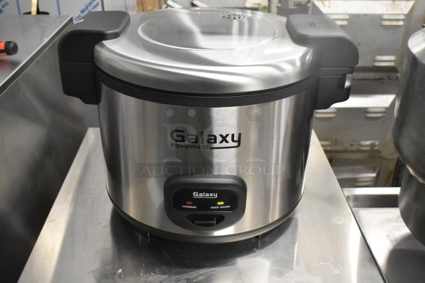 Brand new Galaxy 177GRCS60 60-cup electric rice cooker/warmer, 2022 model, minor scratches, 120V, 1 phase, stainless steel exterior.
