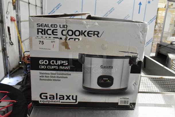 Brand new 2022 Galaxy 177GRCS60 electric rice cooker; 60 cup capacity, stainless steel, non-stick interior, 120 volts, 1 phase.