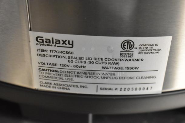 Brand new 2022 Galaxy 177GRCS60 sealed electric rice cooker/warmer, 60 cups, 120V, 1 Phase. Serial #220500047.