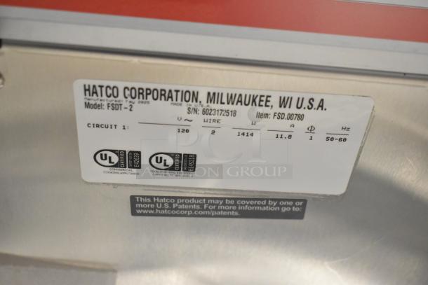 Hatco FSDT-2 display cabinet label showing model, serial number 602317.2518, voltage 120, phase specifics, and UL certifications.