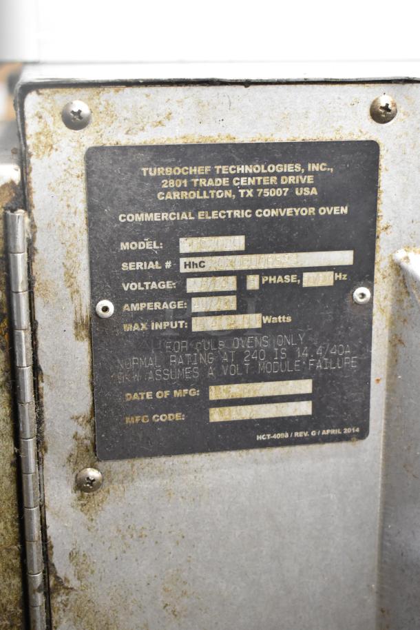 Turbochef HhC2020 commercial electric conveyor oven label, 208/240V, 3 phase. Model and voltage details visible.