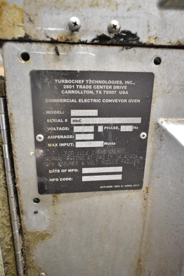 Turbochef HhC2020 commercial electric conveyor oven, 208/240V, 3 phase. Label shows specs and manufacturer details.