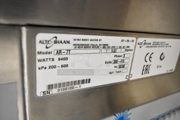 2022 Alto Shaam AR-7T commercial rotisserie oven label showing model, 9400 watts, 380-415 volts, and serial number.
