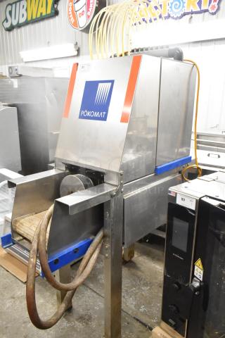 Pokomat P16/320 SI metal brine meat injection machine on casters, 220 volts, commercial use, visible Pokomat logo.