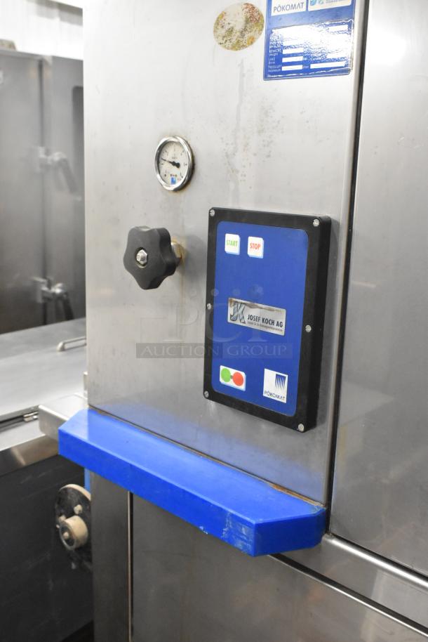 Pokomat P16/320 SI metal brine meat injection machine on commercial casters, 220V, with control panel and labels visible.