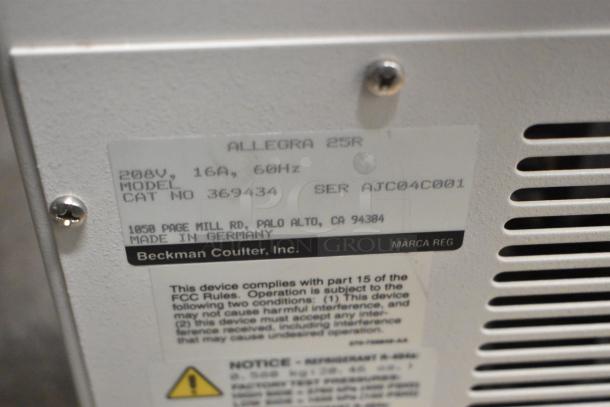 Beckman Coulter Allegra 25R Centrifuge label showing model details, 208V, 16A, 60Hz, CAT NO 369434, SER AJC04C001, made in Germany.