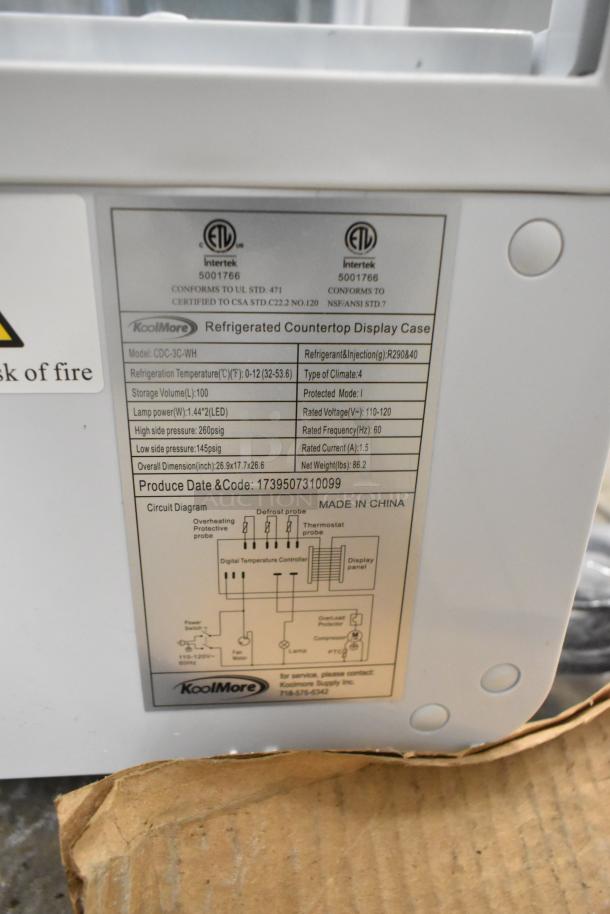 KoolMore CDC-3C-WH countertop display refrigerator label, showing model and specifications. Brand new, scratch and dent condition.