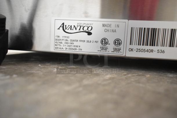 Avantco 177F202 30 lb. Dual Tank Fryer label showing model, voltage 208-240V, and ETL certification.