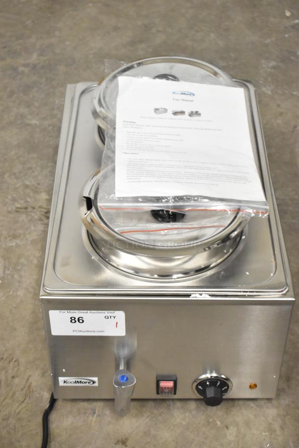 Brand new KoolMore CFW-4T countertop food warmer, 110 Volts, 1 Phase, with slight scratches. Includes manual. Model label visible.