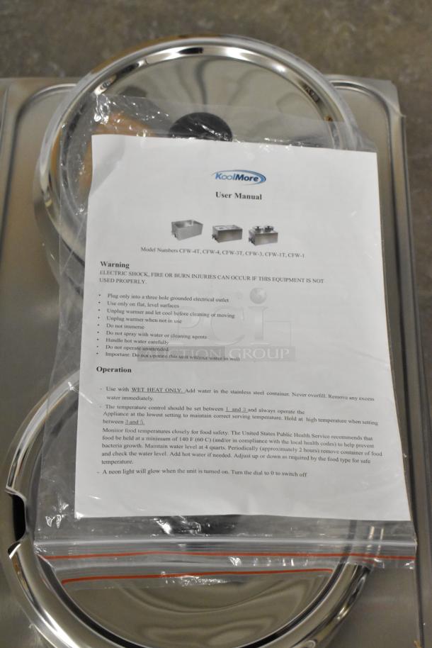 Brand new KoolMore CFW-4T countertop food warmer, 110V, with user manual. Scratch and dent condition.