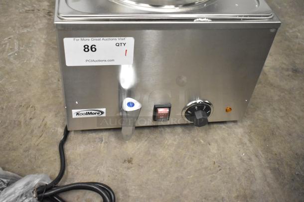Brand new KoolMore CFW-4T countertop food warmer, 110 volts, 1 phase, with visible control knob and labels. Scratch and dent condition.