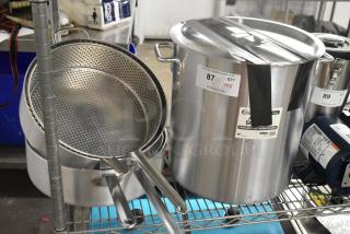 5 brand new scratch and dent cookware items, including 471SP40QTHD 40 qt. aluminum stock pot, Vollrath sauce pans, straining pan.