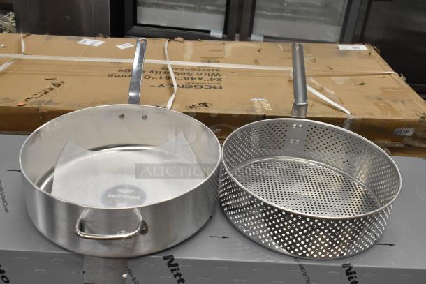5 new scratch and dent cookware items including a 471SP40QTHD aluminum stock pot, Vollrath sauce pans, and straining pan.