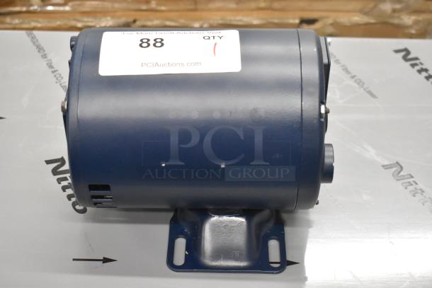Brand new Haight A4S17DZ39B motor, blue, 115/230 volts, 1 phase, with minor scratches, auction tag visible.