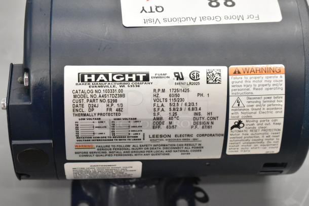 BRAND NEW Haight A4S17DZ39B Motor, 115/230V, 1 phase, 1/3 HP, thermally protected, with labels and warnings visible.