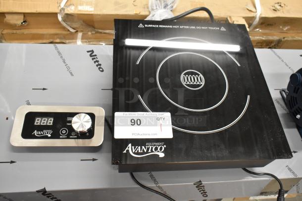 Brand new Avantco 177DC1800 induction range with remote control, 120V, 1-phase. Surface label warns of heat retention.
