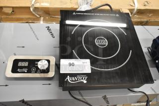 Brand new Avantco 177DC1800 induction range with remote control, 120V, 1-phase. Surface label warns of heat retention.