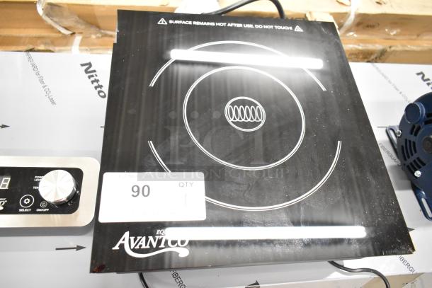 Brand new Avantco 177DC1800 induction range. Features remote control, 120V, 1 phase. Minor scratches, labeled surface warning.