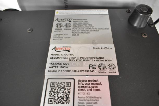 Brand new Avantco 177DC1800 induction range. Drop-in, 120V, 1800W, with remote. Scratch and dent condition. Made in China.