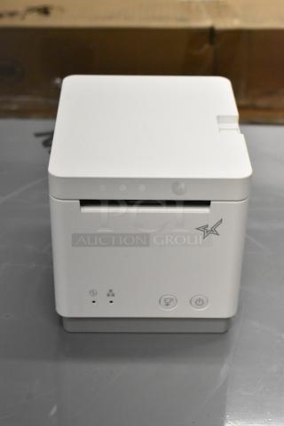 BRAND NEW C-Print MCP20 WT US Receipt Printer, scratch and dent condition, sleek white design, power and paper feed buttons visible.