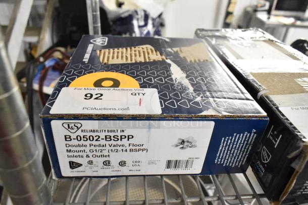 Brand new T&S B-0502-BSPP double pedal floor-mounted valve, G1/2", visible packaging with scratch and dent label.