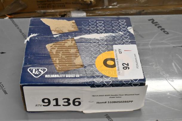 Box of T&S B-0502-BSPP Double Floor Mounted Foot Pedal Valve, new, scratched box. Item# 510B0502BSPP, QTY 92.