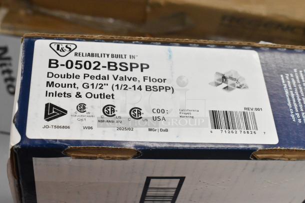 BRAND NEW SCRATCH AND DENT! T&S B-0502-BSPP Double Pedal Valve, Floor Mounted, G1/2", with visible certifications and barcode.