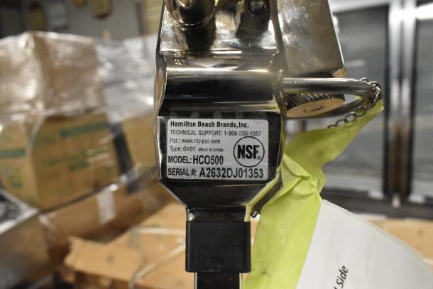 Hamilton Beach HCO500 Manual Can Opener, heavy-duty, new, NSF certified, serial A2632DJ01353, with packaging visible.