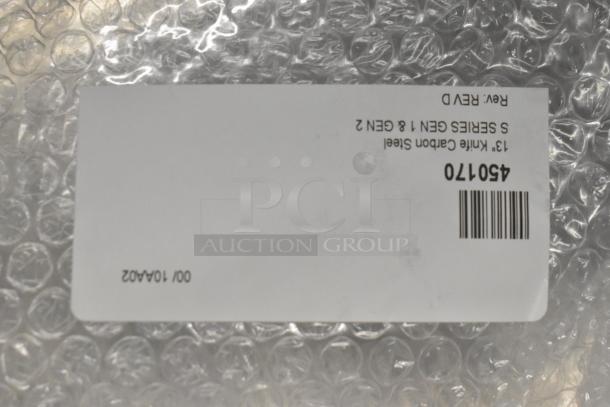 Bubble-wrapped item with a label reading "13" Knife Carbon Steel 450170 GEN 1 & GEN 2." New condition. Barcode visible.