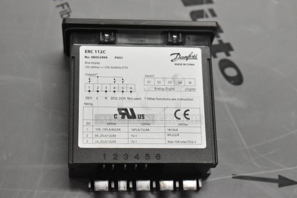 Danfoss ERC 112C controller with blue display, model 080G3494, 100-240Vac rating, new, in original condition.