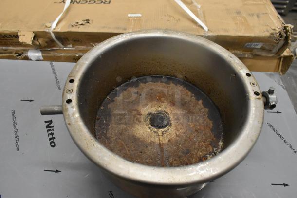 Stainless steel popcorn kettle with visible rust and wear, suitable for popcorn machines. Comes with auction tag for double bid.