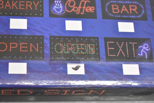 Original box containing three light-up signs with "Open," "Closed," and other designs. Bright, colorful LEDs.