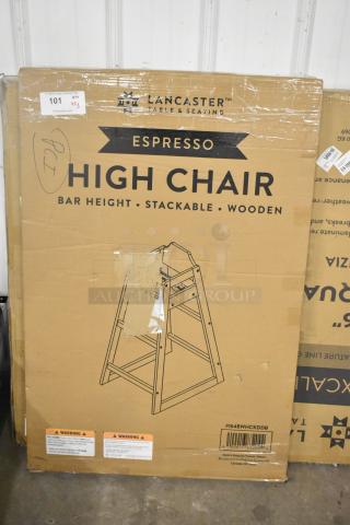 Lancaster Table & Seating bar-height chair package, model 164BWHCKDDB. New, unassembled with dark brown finish.