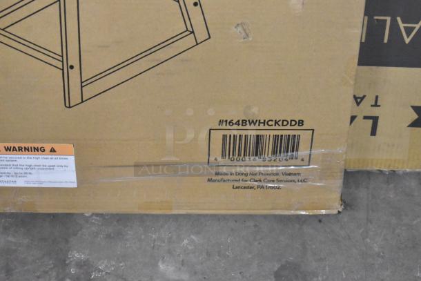 Cardboard box for Lancaster Table & Seating Bar Height Wooden High Chair, model 164BWHCKDDB, with assembly details.