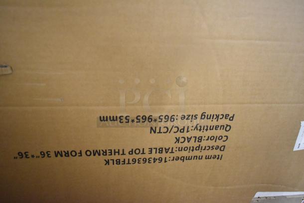 Cardboard box labeled with "1643636TFBLK Lancaster Table 36" x 36" Thermo-Formed Table Top, Black." Packaging size 965x965x53mm.