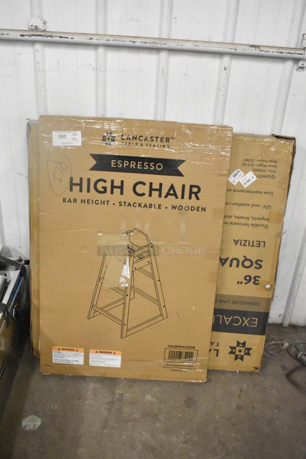Boxed items including unassembled Lancaster Table & Seating Bar Height Wooden High Chair, Excalibur Table Top, and MDF Table Top, all new.