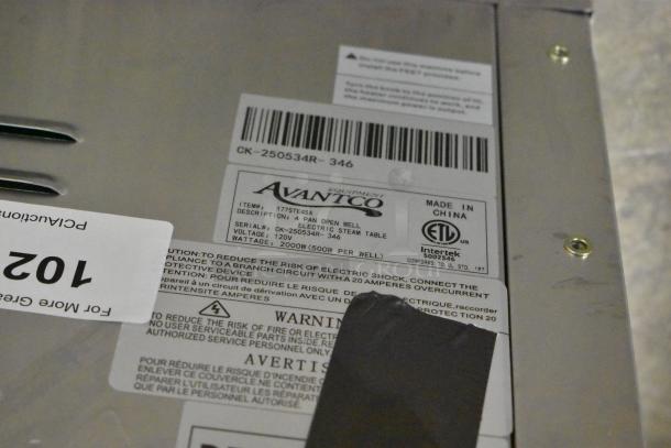 Brand new Avantco 177STE4SA four pan open well electric steam table label. 120V, 2000W, with undershelf. Some scratches.