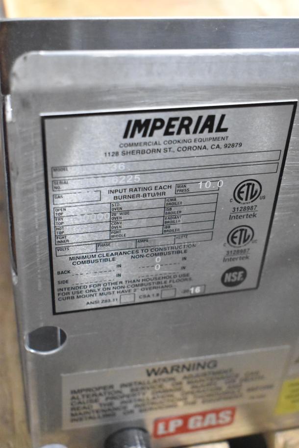 Imperial ITG-36LP gas griddle label showing model, serial number, and safety certification details.