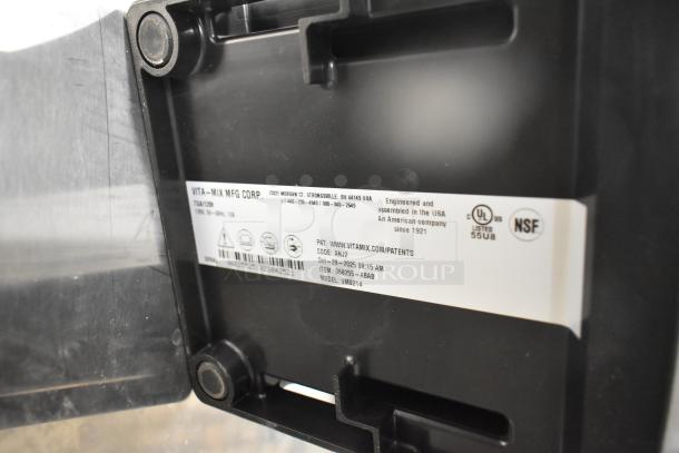 Label on Vita-Mix VM0214 blender, showing model, serial number, UL and NSF certifications. Engineered in USA.