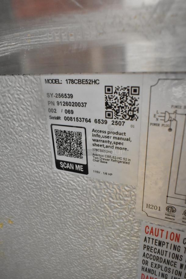 Brand new Avantco 178CBE52HC commercial chef base, 2 drawers, 115V, 1 phase. Scratch and dent condition. Manufacturer label visible.