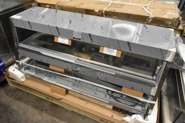 Hatco GRHD-4PD white granite stainless steel dual shelf merchandiser, new with glass damage, 58.5", 120/208V, 1 phase.