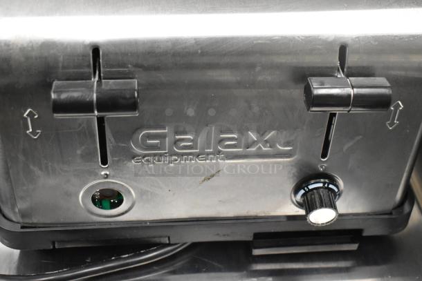 Brand new Galaxy MDT4 commercial toaster, 4-slice, light-duty, 1 1/2" slots, 120V, minor scratches visible. Model 184MDT4.