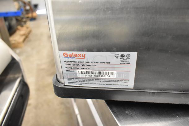 Brand new Galaxy MDT4 4-slice toaster. Features 1 1/2" slots, 120V power. Scratch and dent item. Serial: 184MDT4E25080105.