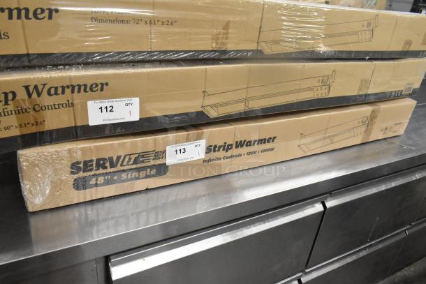 Brand new ServIt 423SWI48CP Stainless Steel 48" Strip Warmer in box, 120V, 1 phase, with infinite controls, 1200W.