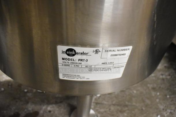 BRAND NEW SCRATCH AND DENT Insinkerator PRT-3 stainless steel food waste collector, 208/220-240V, 3-phase, model label visible.