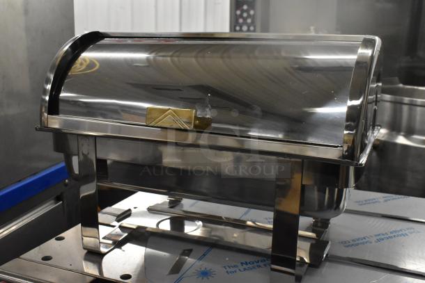 2 Brand new 407COH4 Choice Deluxe 8 Qt. gold accent roll top chafers, minor scratches, stainless steel construction.