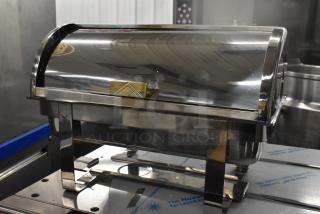 2 Brand new 407COH4 Choice Deluxe 8 Qt. gold accent roll top chafers, minor scratches, stainless steel construction.