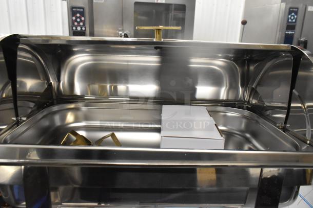 2 brand new Choice Deluxe 8 Qt. gold accent roll top chafers, model 407COH4, with minor scratches and dents.
